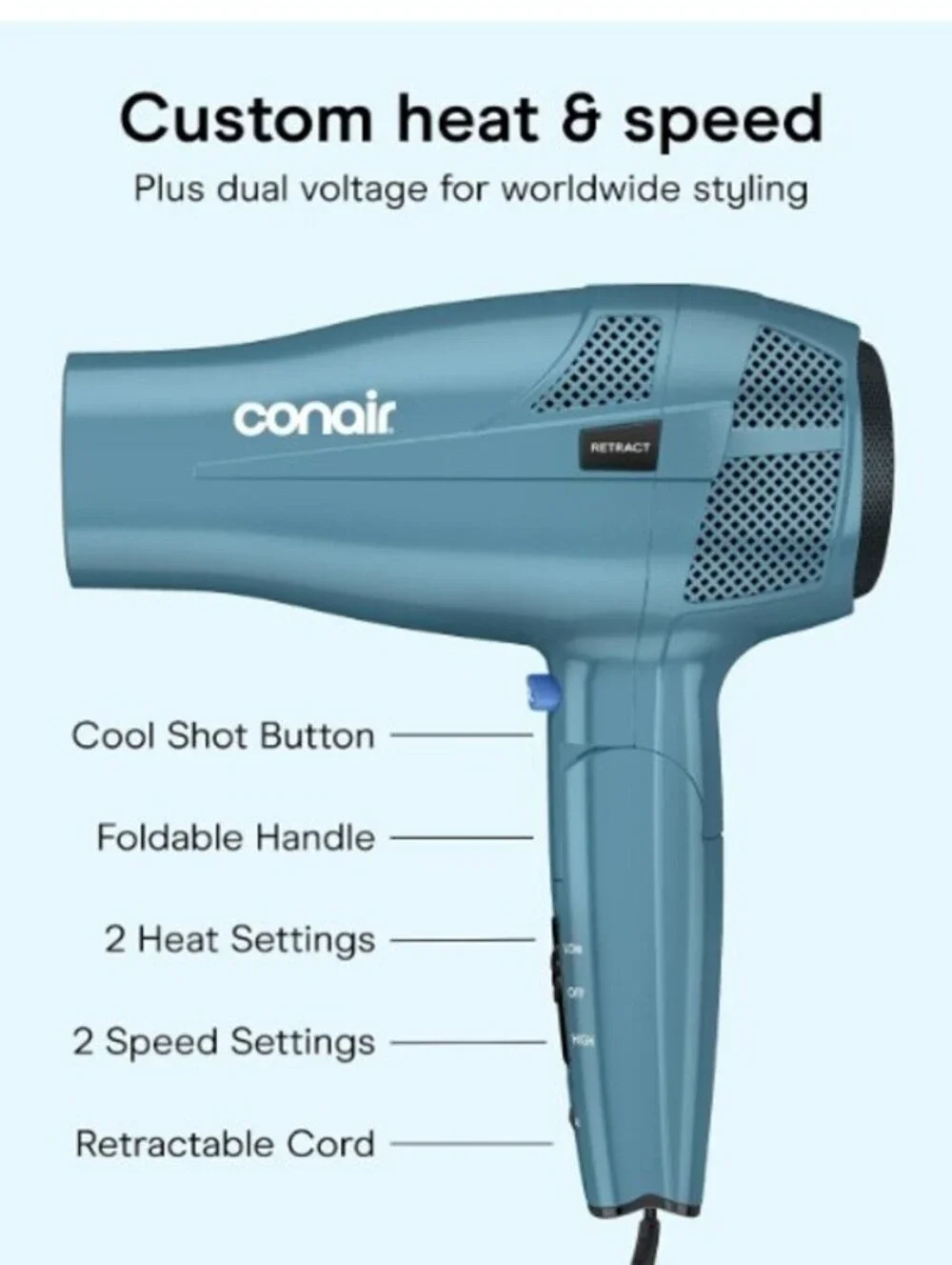 BRAND NEW: Conair Travel Hair Dryer, Dual Voltage, Folding Handle, 1875W, Blue